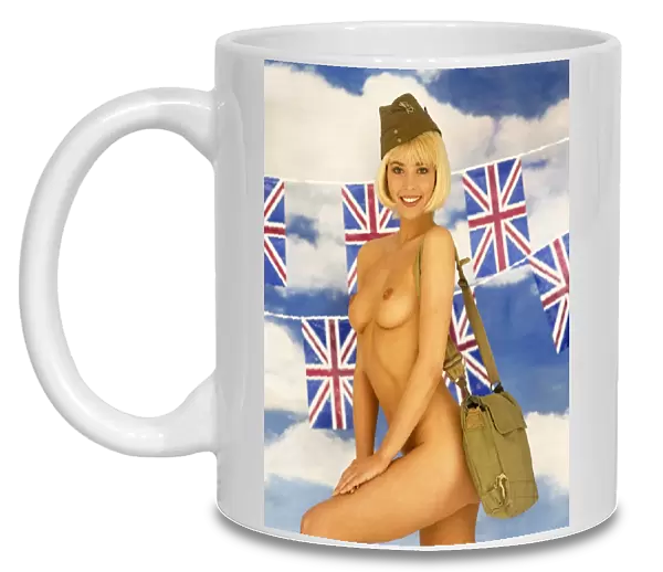Joanne Guest nude in Army hat  /  bag, Union Jack banners