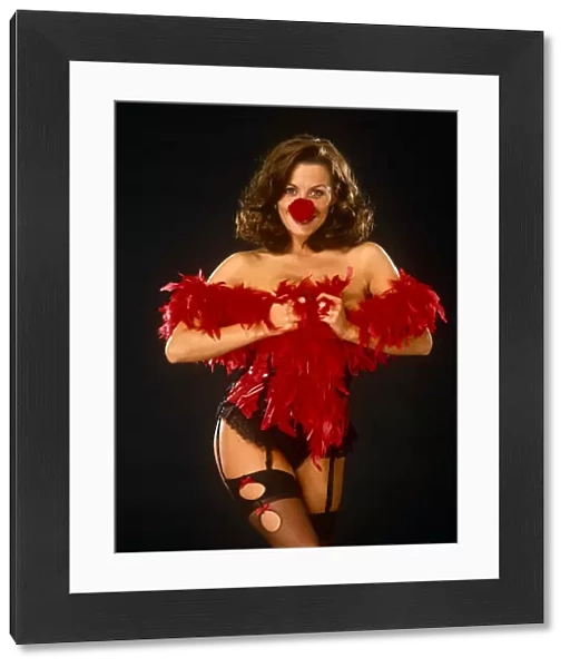 Belinda Charlton - Girl, woman, posing, pin-up, indoors, wearing, red, black, lingerie, red, clown, nose