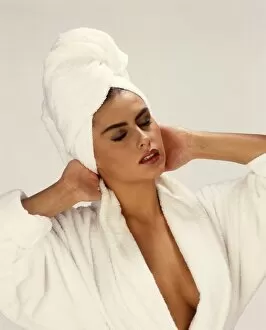 Lisa Bangert in white towelling robe and turban